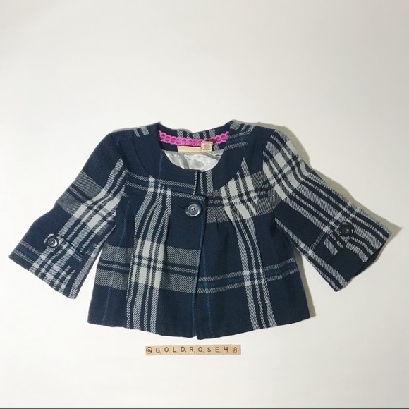 DKNY Jeans plaid navy blue cropped wool jacket - Picture 1 of 7